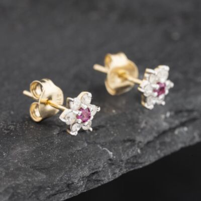 Pre-Owned 9ct Yellow Gold Ruby & 0.24ct Diamond Flower Cluster Stud Earrings 43171250