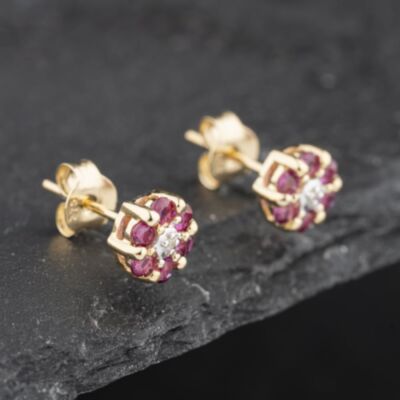Pre-Owned 9ct Yellow Gold 0.53ct Ruby & Diamond Round Cluster Stud Earrings 43171253