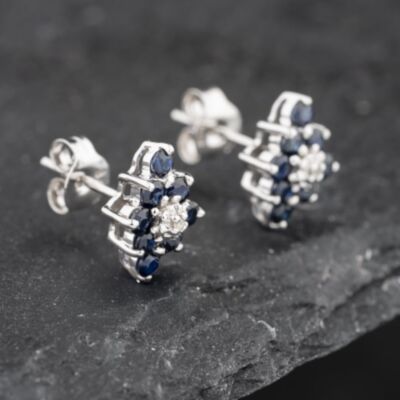 Pre-Owned 9ct White Gold 0.74ct Sapphire & Diamond Marquise Shape Cluster 10mm Stud Earrings 43171258