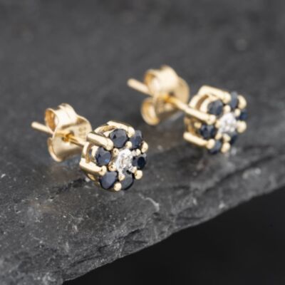 Pre-Owned 9ct Yellow Gold 0.53ct Sapphire & Diamond Flower Cluster Stud Earrings 43171266