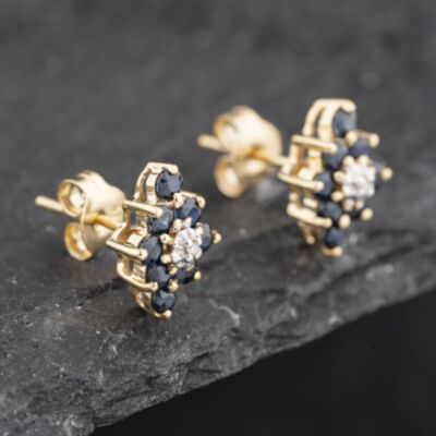 Pre-Owned 9ct Yellow Gold 0.74ct Sapphire & Diamond Marquise Shape Cluster 10mm Stud Earrings 43171269