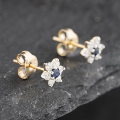 Pre-Owned 9ct Yellow Gold 0.09ct Sapphire & 0.24ct Diamond Flower Cluster Stud Earrings 43171276