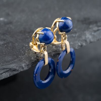 Pre-Owned 9ct Yellow Gold 34mm Lapis Lazuli Clip On Dropper Earrings 43171352