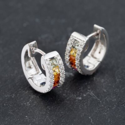 Pre-Owned 18ct White Gold Sapphire & 0.40ct Brilliant Cut Diamond 3 Row 12mm Hoop Earrings 43171358