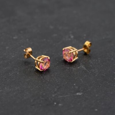 Pre-Owned Yellow Gold 6mm Colour Treated Pink Topaz Set Stud Earrings 43171376