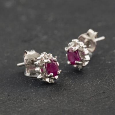 Pre-Owned 9ct White Gold 0.20ct Ruby & 0.06ct Diamond Oval 6.6mm Stud Earrings 43171463