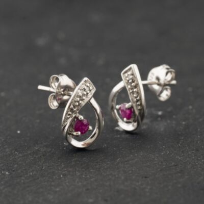 Pre-Owned 9ct White Gold 0.06ct Ruby & 0.01ct Diamond Swirl 11.3mm Stud Earrings 43171464