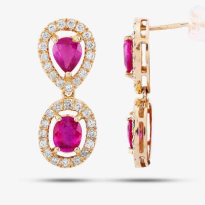 Pre-Owned 18ct Yellow Gold 1.80ct Ruby & 0.60ct Diamond Cluster Dropper Earrings 4317147