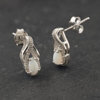 Pre-Owned 9ct White Gold 0.50ct Opal & 0.05ct Diamond Pear Shaped 12.7mm Stud Earrings 43171474