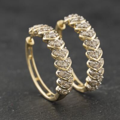 Pre-Owned 9ct Yellow Gold 1.02ct Brilliant Cut Diamond Hearts Design 25mm Hoop Earrings 43171475