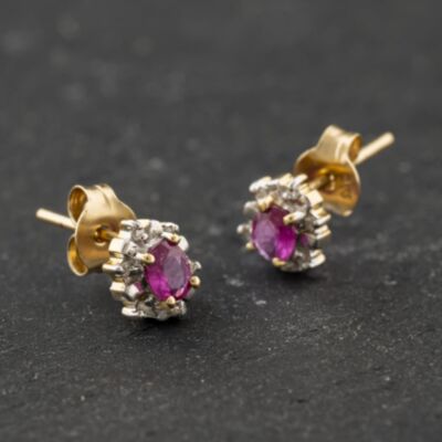 Pre-Owned 9ct Yellow Gold 0.96ct Ruby & 0.09ct Diamond Oval Stud Earrings 43171477