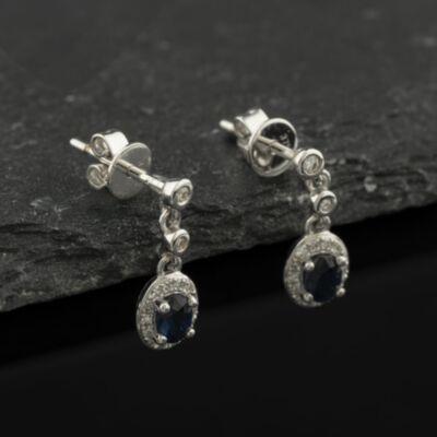 Pre-Owned 9ct White Gold Sapphire & Diamond Cluster Dropper Earrings 43171507