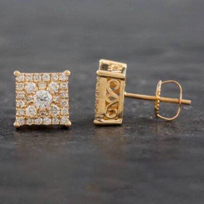 Pre-Owned 14ct Yellow Gold Brilliant Cut Diamond Square Cluster Stud Earrings 4317183