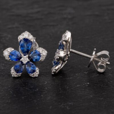 Pre-Owned 14ct White Gold 2.14ct Sapphire & 0.30ct Diamond Flower Stud Earrings 4317287