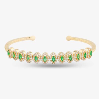 Pre-Owned 18ct Yellow Gold Emerald & Brilliant Cut Diamond Flexible 15cm Torque Bangle 4321007