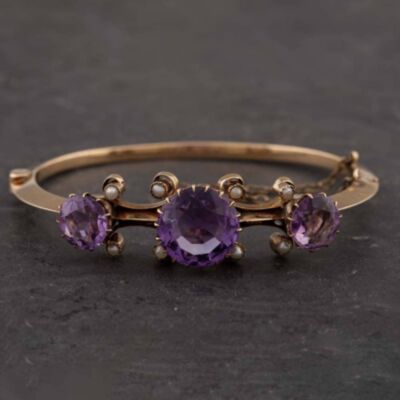 Pre-Owned Vintage Yellow Gold Amethyst & Seed Pearl Medium Hinged Bangle 43211001