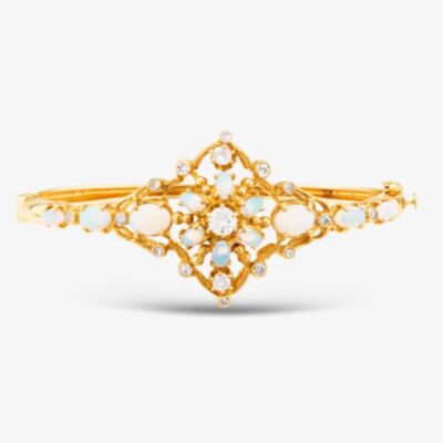 Pre-Owned 9ct Yellow Gold Opal & Brilliant Cut Diamond Ornate Cluster 20cm Hinged Bangle 43211003