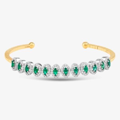 Pre-Owned 18ct Yellow Gold Marquise Cut Emerald & Brilliant Cut Diamond Halo Medium Torque Bangle 43211006
