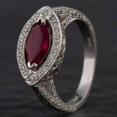 Pre-Owned 14ct White Gold 1.00ct Ruby & 1.05ct Brilliant Cut Diamond Openwork Marquise Shape Fancy Cluster Ring 4335004