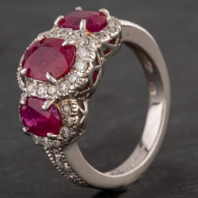 Pre-Owned 14ct White Gold 3.30ct Ruby & 0.50ct Diamond Triple Cluster Ring 4335064