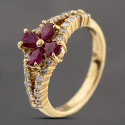 Pre-Owned 18ct Yellow Gold 0.84ct Ruby & 0.37ct Brilliant Cut Diamond Flower Dress Ring 43351058