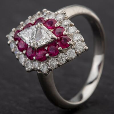 Pre-Owned Platinum 0.35ct Ruby & 1.29ct Diamond Marquise Shaped Cluster Ring 4335117