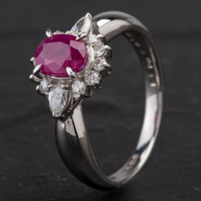 Pre-Owned Platinum Oval 1.09ct Ruby & 0.39ct Diamond Cluster Ring 4335204