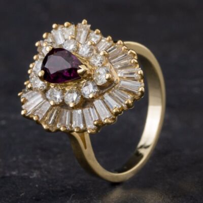 Pre-Owned 14ct Yellow Gold 0.85ct Ruby & 1.85ct Diamond Pear Shape Wave Design Cluster Ring 4335216