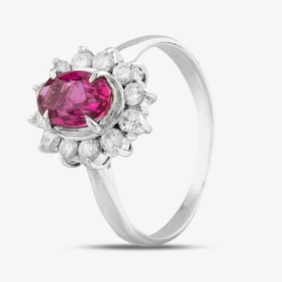 Pre-Owned Platinum 1.36ct Ruby & 0.45ct Brilliant Cut Diamond Oval Cluster Ring 4335222