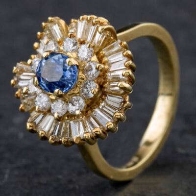Pre-Owned 9ct Yellow Gold Sapphire & Diamond Wave Design Cluster Ring 4336021