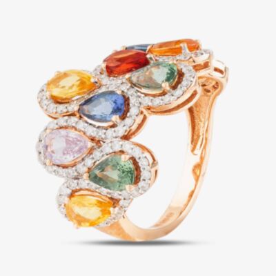 Pre-Owned 18ct Rose Gold Certificated 5.20ct Pear Cut Multi-Coloured Sapphire & 0.97ct Brilliant Cut Diamond Wave Cluster Ring 43361015