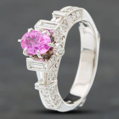 Pre-Owned 14ct White Gold 0.93ct Oval Cut Pink Sapphire & Diamond Dress Ring 43361035