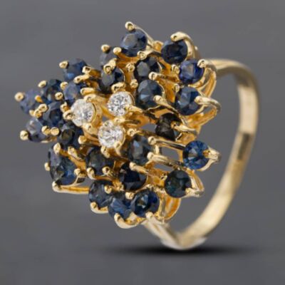 Pre-Owned 9ct Yellow Gold Sapphire & Brilliant Cut Diamond Fancy Heart Shape Cluster Ring 43361097