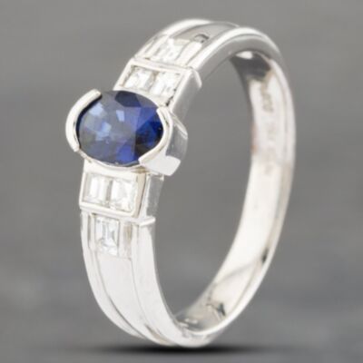 Pre-Owned Platinum 0.29ct Sapphire & 0.81ct Emerald Cut Diamond Oval Dress Ring 43361117