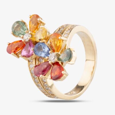 Pre-Owned 14ct Yellow Gold 4.39ct Multi Coloured Sapphire & 0.71ct Diamond Double Flower Crossover Ring 4336134