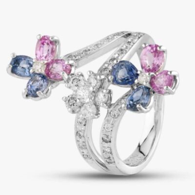 Pre-Owned 18ct White Gold Certificated Blue & Pink Sapphire & Brilliant Cut Diamond Triple Cluster Ring 433615625