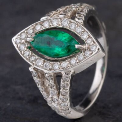 Pre-Owned 14ct White Gold 0.94ct Emerald & 0.37ct Diamond Cluster Ring 4337064