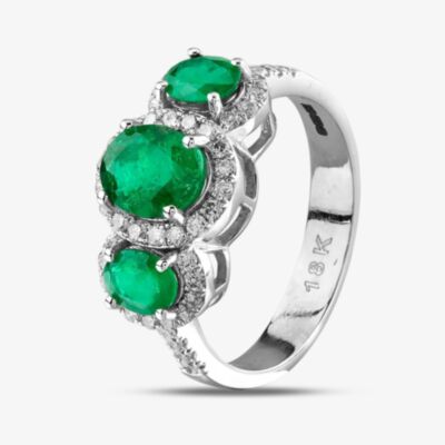 Pre-Owned 18ct White Gold 1.87ct Emerald & 0.51ct Diamond Triple Oval Cluster Ring 4337065