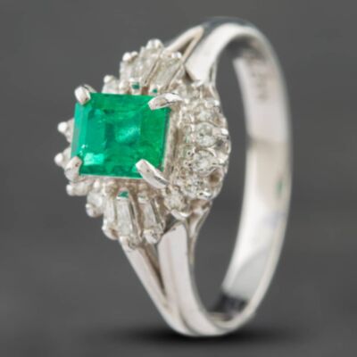 Pre-Owned Platinum 0.65ct Emerald & 0.27ct Baguette Cut Diamond Square Cluster Ring 43371005