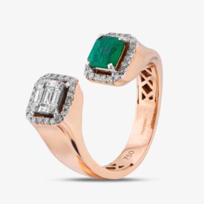 Pre-Owned 18ct Yellow Gold Emerald & Diamond Double Cross Over Cluster Ring 43371025