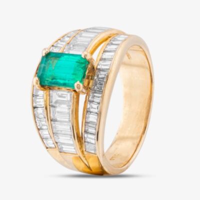 Pre-Owned 18ct Yellow Gold Emerald & Baguette Cut Diamond Three Row Ring 43371031