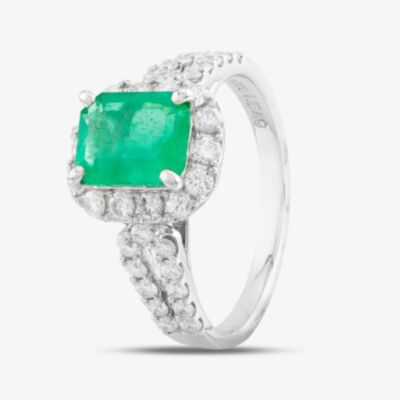Pre-Owned Platinum 1.54ct Emerald & 0.75ct Brilliant Cut Diamond Cluster Ring 4337103