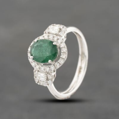 Pre-Owned 18ct White Gold Emerald & 0.58ct Diamond Oval Cluster Ring 43371060