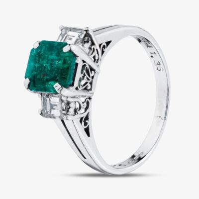 Pre-Owned Platinum 1.36ct Emerald & 0.50ct Emerald Cut Diamond Three Stone Ring 43371075