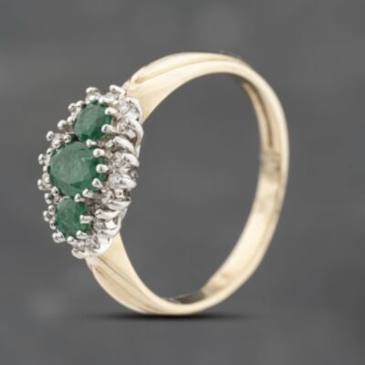 Pre-Owned 9ct Yellow Gold Emerald & 0.16ct Diamond Boat Shaped Cluster Ring 43371082