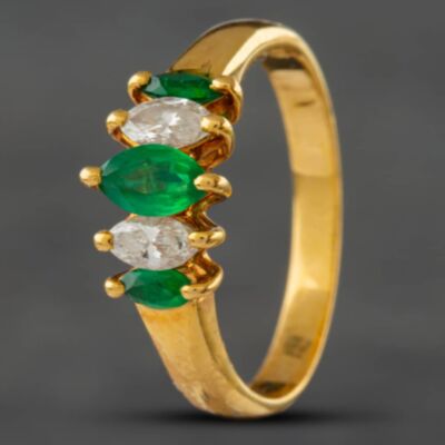 Pre-Owned 18ct Yellow Gold 0.34ct Emerald & 0.23ct Marquise Cut Diamond Five Stone Ring 433715784