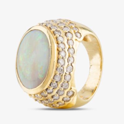 Pre-Owned 14ct Yellow Gold 6.25ct Opal & 2.15ct Brilliant Cut Diamond Large Oval Cluster Ring 4338034