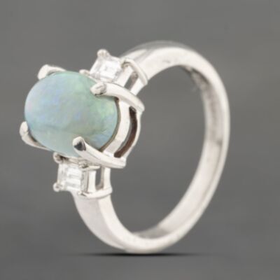 Pre-Owned Platinum 1.85ct Opal & 0.25ct Baguette Cut Diamond Oval Three Stone Ring 43381018
