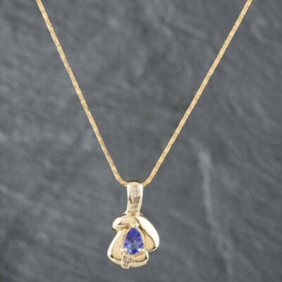 Pre-Owned 14ct Yellow Gold 1.00ct Tanzanite & 0.18ct Brilliant Cut Diamond Pear Shaped Pendant & 16 Inch Herringbone Chain 4314155112