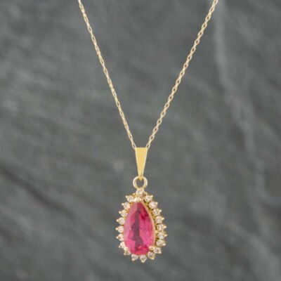 Pre-Owned 9ct Yellow Gold 2.20ct Pink Tourmaline & 0.33ct Brilliant Cut Diamond Pear Shape Pendant & 16 Inch Prince Of Wales Chain 431415711